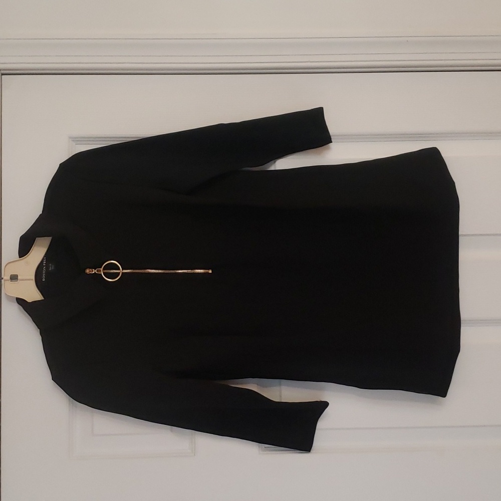 Boston Proper Black Gold Zip Front 3/4 Sleeve  Blouse EUC